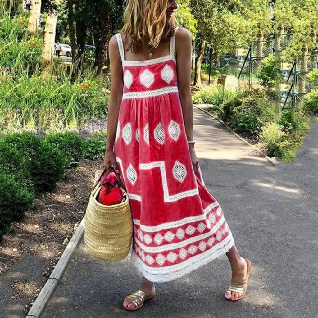 JuliaFashion - Women Summer Beach SunVintage Vestidos Print Strap Boho Style Big Swing Holiday Maxi Female Casual Dress