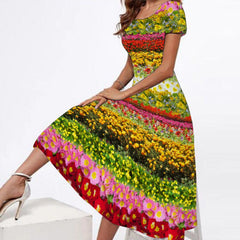 Plus Size Round Neck Short-Sleeve Printed Maxi Dress