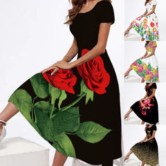 Plus Size Round Neck Short-Sleeve Printed Maxi Dress