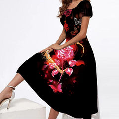 Plus Size Round Neck Short-Sleeve Printed Maxi Dress