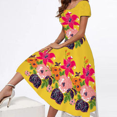 Plus Size Round Neck Short-Sleeve Printed Maxi Dress