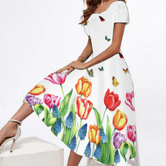 Plus Size Round Neck Short-Sleeve Printed Maxi Dress