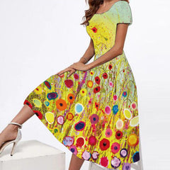 Plus Size Round Neck Short-Sleeve Printed Maxi Dress