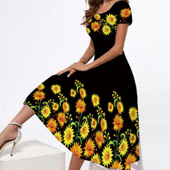 Plus Size Round Neck Short-Sleeve Printed Maxi Dress