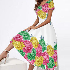Plus Size Round Neck Short-Sleeve Printed Maxi Dress