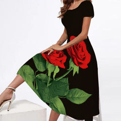 Plus Size Round Neck Short-Sleeve Printed Maxi Dress