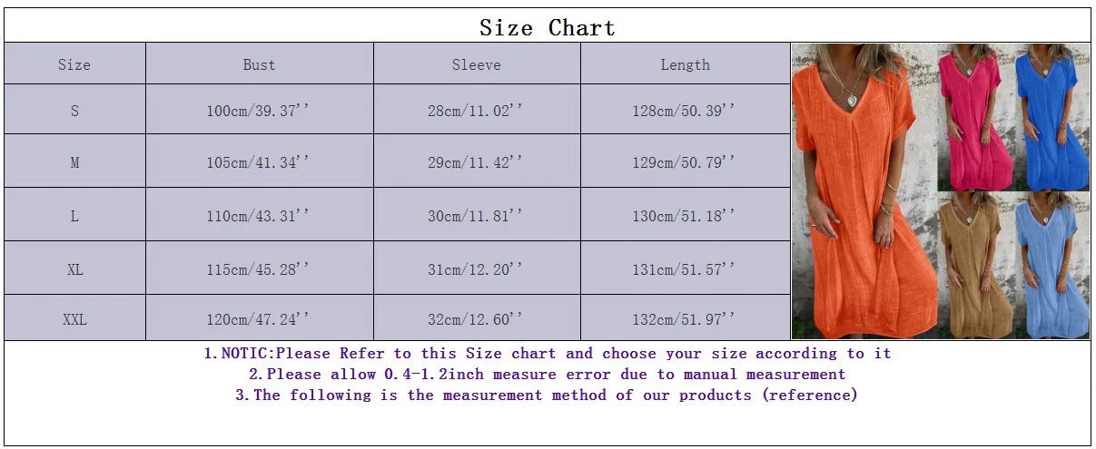 JuliaFashion - Women's Summer Cotton Linen Short Sleeve Loose Simple Solid Color Long Pullover Casual Loose T-Shirt Dress