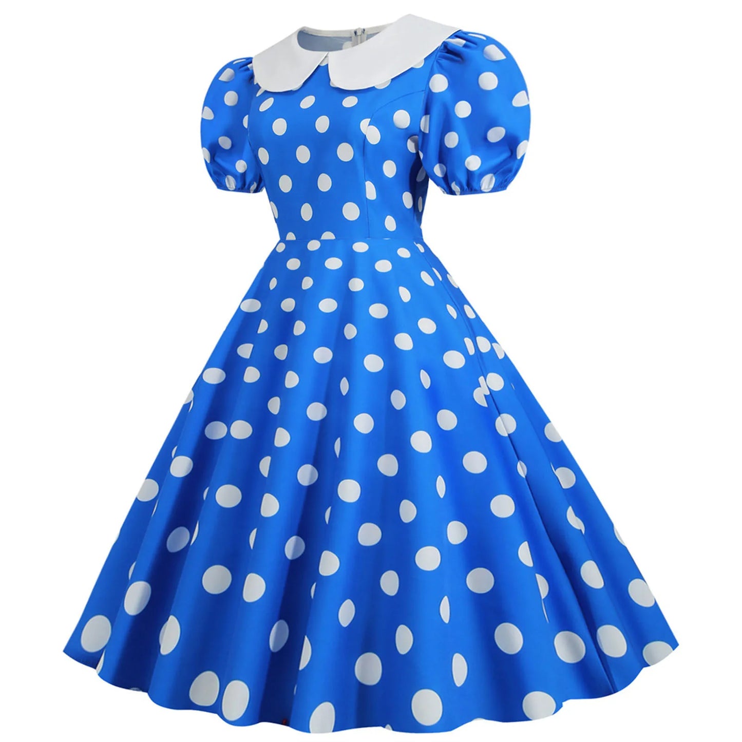 JuliaFashion - Women Summer Polka Dot Print Short Sleeve Peter Pan Collar Casual Loose Party Vintage Midi Swing Robe Femme Dress