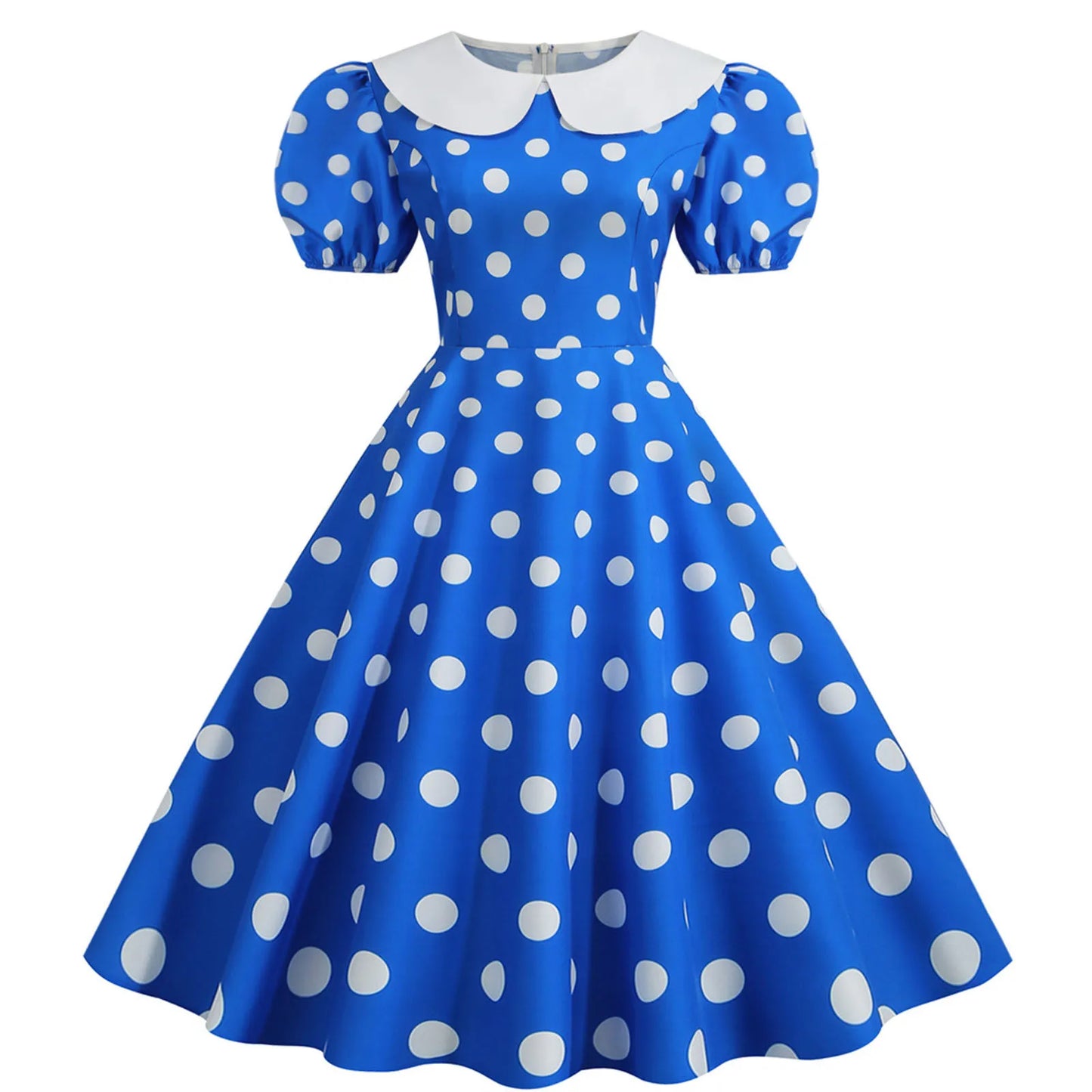 JuliaFashion - Women Summer Polka Dot Print Short Sleeve Peter Pan Collar Casual Loose Party Vintage Midi Swing Robe Femme Dress