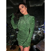 Summer Sexy Turtleneck Long Sleeve Velvet Green Mini Sequins Bodycon Christmas Party Dress Dresses-L