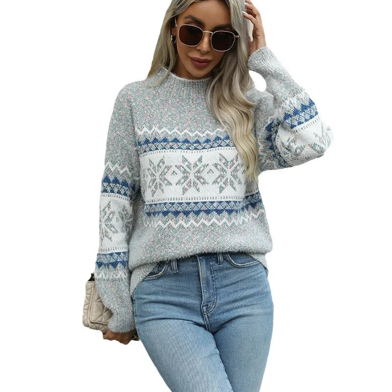 Mock Neck Long Sleeve Street Fashion Christmas Snowflake Jacquard Sweater Sweaters-L