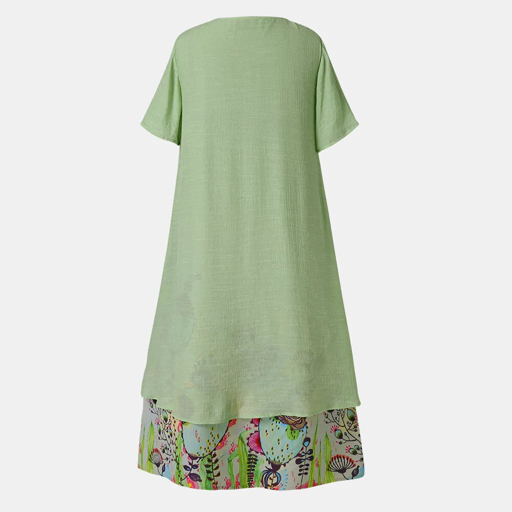 JuliaFashion - Vintage Elegant Fake Two Piece Floral Print Short Sleeve O-Neck Long Loose Beach Vestidos Female Clothing Dress