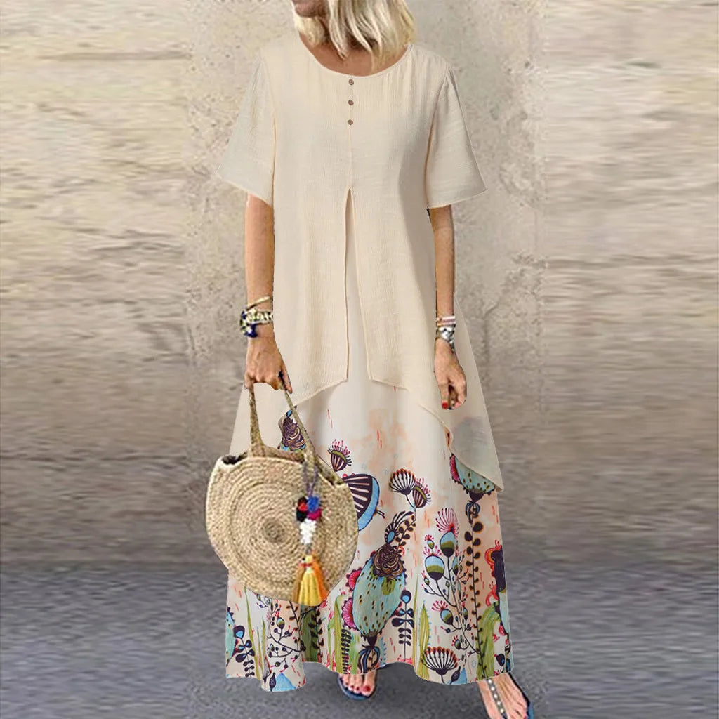 JuliaFashion - Vintage Elegant Fake Two Piece Floral Print Short Sleeve O-Neck Long Loose Beach Vestidos Female Clothing Dress
