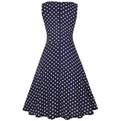JuliaFashion - Women Vintage Polka Dot A Line Casual Round Neck Summer Elegant High Waist Patchwork Sleeveless Tunic Party Swing Dress