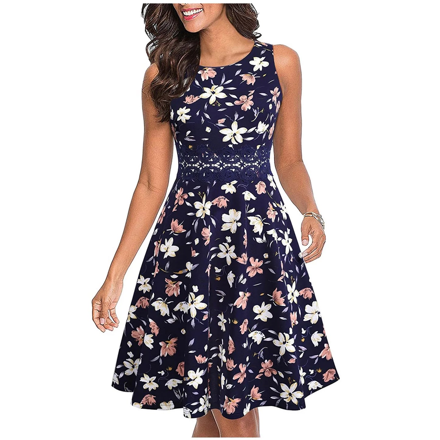 JuliaFashion - Women Vintage Polka Dot A Line Casual Round Neck Summer Elegant High Waist Patchwork Sleeveless Tunic Party Swing Dress