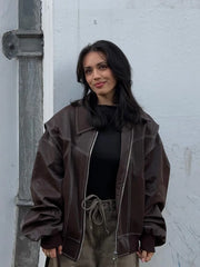 Vintage Elegant Chic Stylish Loose Zipper Leather Jacket