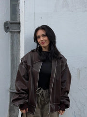 Vintage Elegant Chic Stylish Loose Zipper Leather Jacket