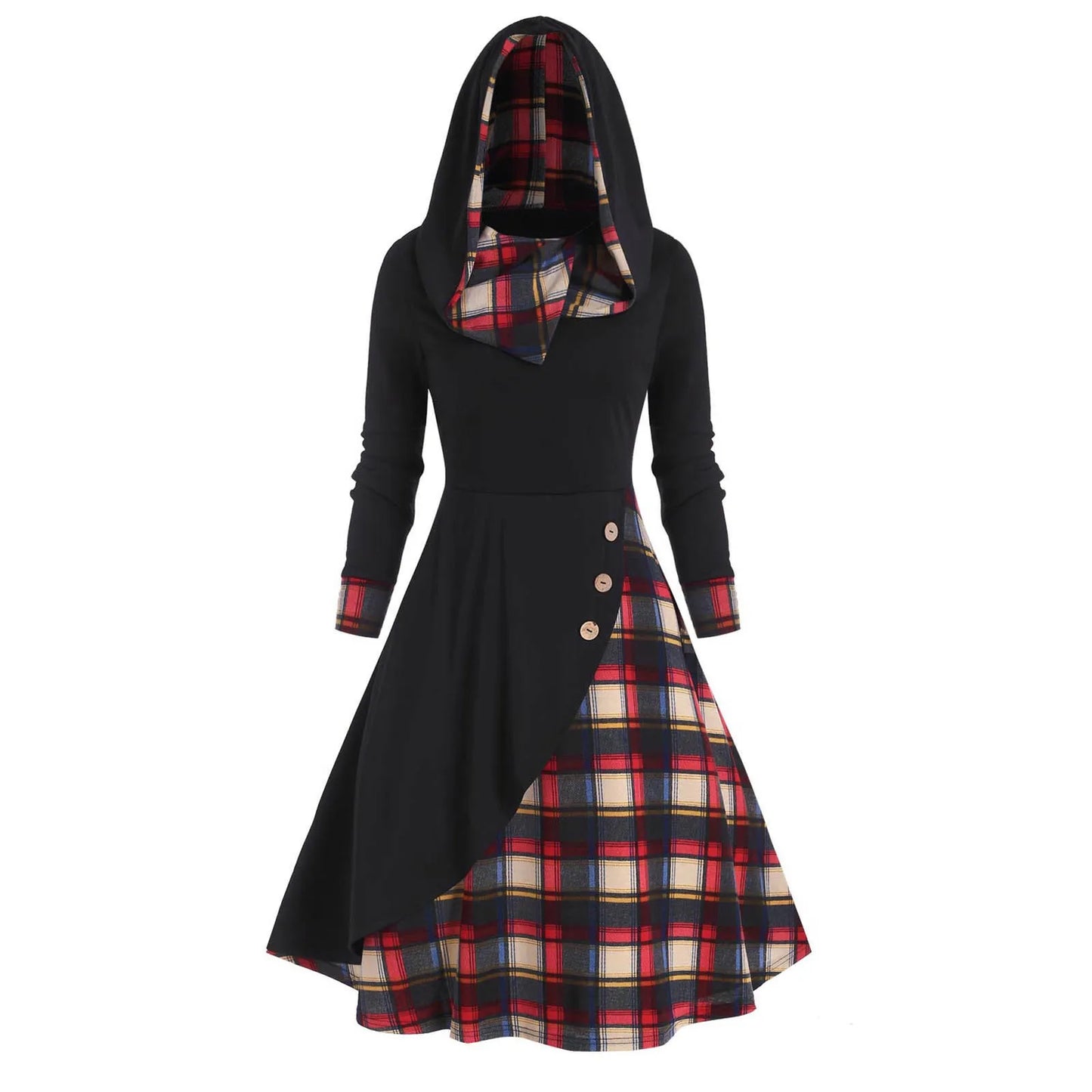 JuliaFashion - Y2K Hooded Button Overlap Plaid Gothic Punk Halloween Cosplay Dress