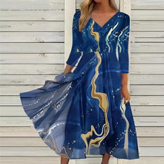 Casual Fashion Chiffon V Neck Long Sleeved With Large Hem Spring Vintage Printed Long Maxi Vestidos Mujer Dress