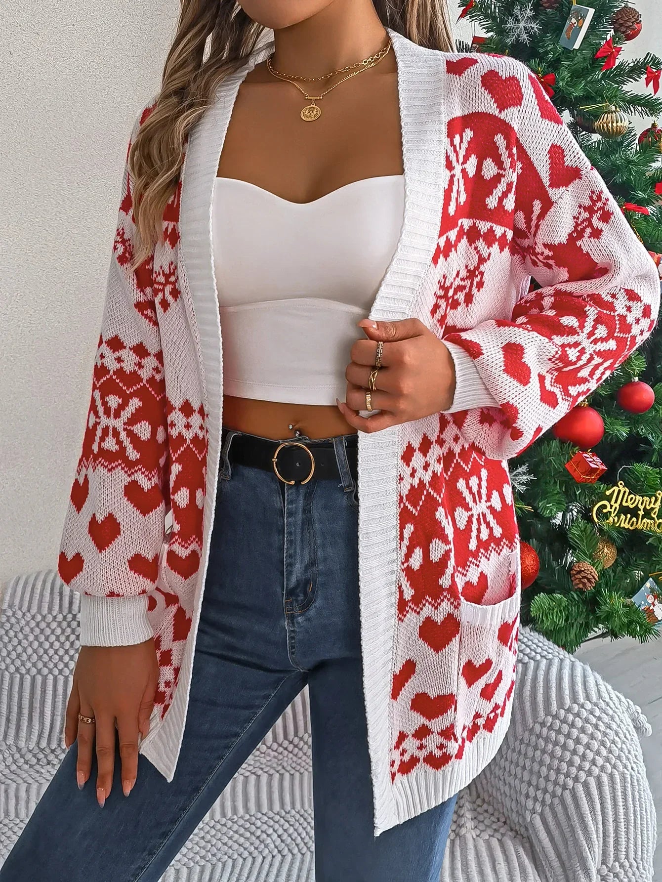 Christmas Deer Pocket Long Sleeve Cardigan White / S Cardigan-241208