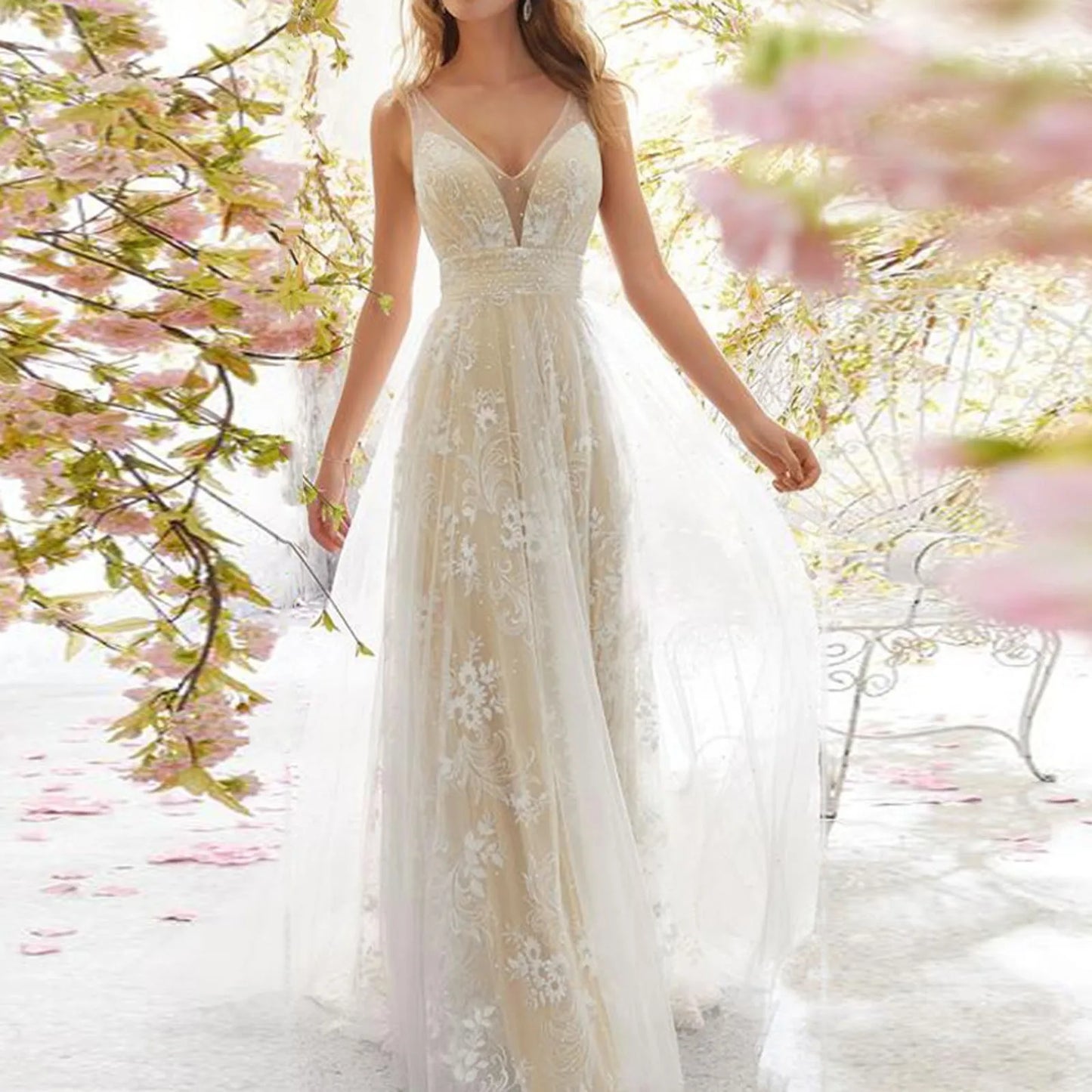 JuliaFashion - Evening Wedding Bridal Embroidery Gown V-Neck Sleeveless Mesh Lace Simple Backless Long Elegant Party Dress