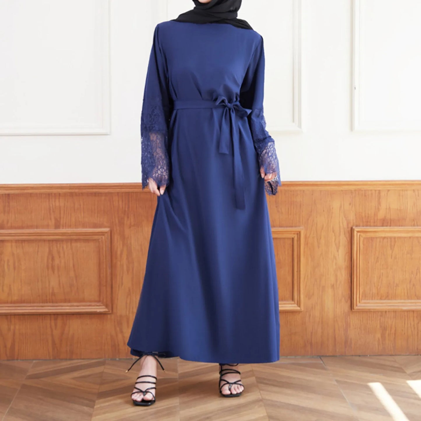 JuliaFashion - Women's Muslim Long Sleeve Vintage Pullover Abaya Prayer Clothes Sunday For Women Lace Solid Ramadan Robes Moroccan Dress