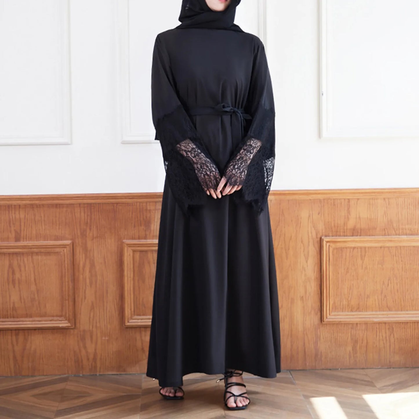 JuliaFashion - Women's Muslim Long Sleeve Vintage Pullover Abaya Prayer Clothes Sunday For Women Lace Solid Ramadan Robes Moroccan Dress