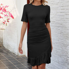 JuliaFashion - Women's New Summer Solid Color Round Neck Pleated Slim Short Sleeved Fashion Casual Irregular Ruffled Hem Slimming Dress