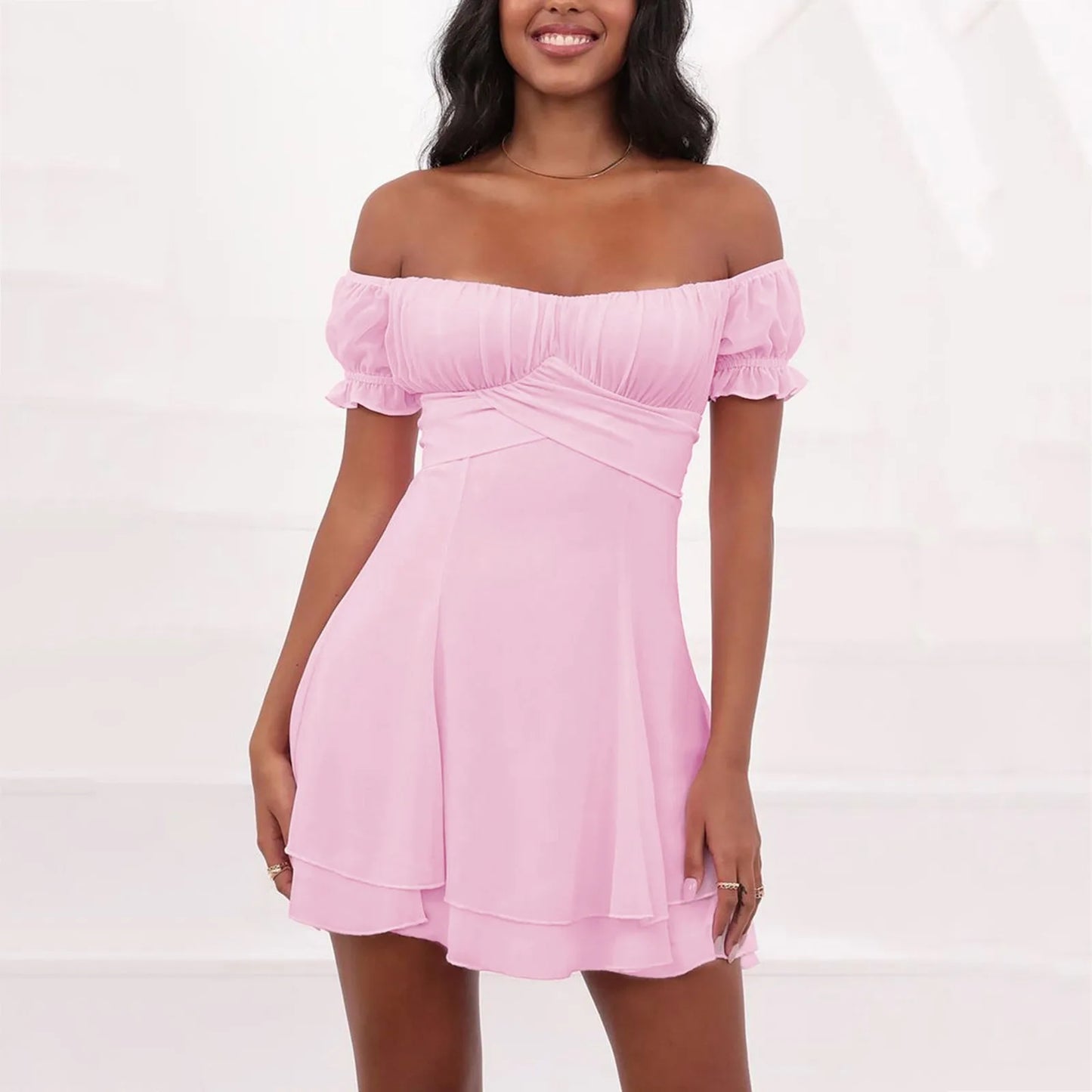 JuliaFashion - Sexy Off The Shoulder Summer Short Sleeve Hollow Ruffles Fashion Solid Color High Waist Backless Dress