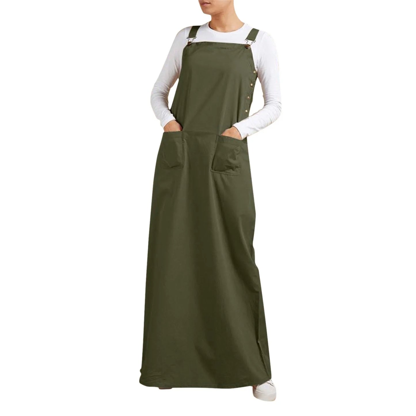 JuliaFashion - Women's Sleeveless SunVintage Suspenders Casual Loose Solid Overalls Long Summer Square Neck Buckle Robe Dress