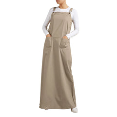 JuliaFashion - Women's Sleeveless SunVintage Suspenders Casual Loose Solid Overalls Long Summer Square Neck Buckle Robe Dress