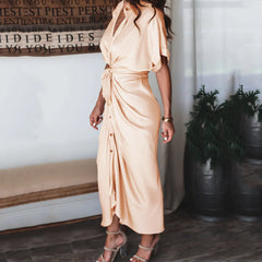 JuliaFashion - Womens Silk V Neck Elegant Long Short Sleeve Satin For Women 2024 Summer Party Wrinkle Summer Office Maxi Dress
