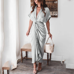 JuliaFashion - Womens Silk V Neck Elegant Long Short Sleeve Satin For Women 2024 Summer Party Wrinkle Summer Office Maxi Dress