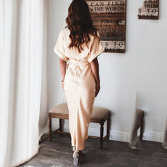 JuliaFashion - Womens Silk V Neck Elegant Long Short Sleeve Satin For Women 2024 Summer Party Wrinkle Summer Office Maxi Dress