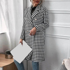 JuliaFashion - Wool Blends Houndstooth Long Woolen Jacket 2024 Autumn Winter Fashion Elegant Trench Coat Office Lady Casual Streetwear Dress