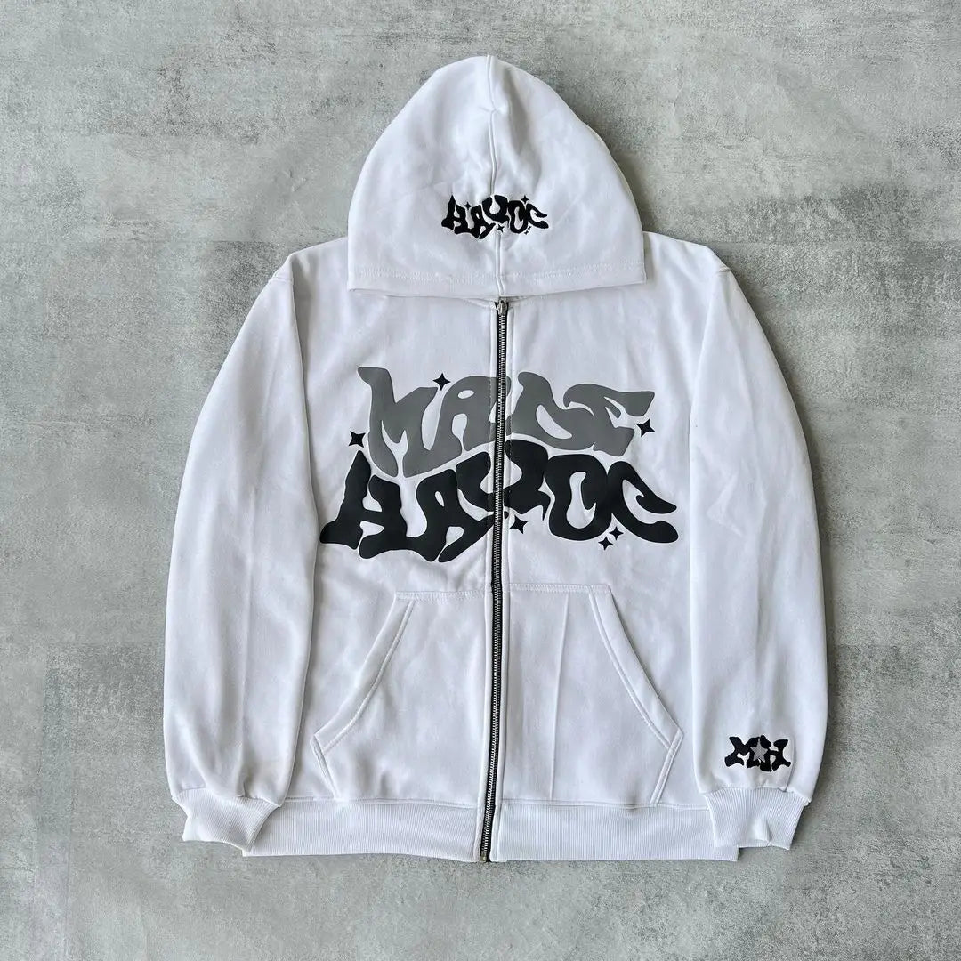 Loose Pink Printed Fashion Hip Hop Zipper Hoodie