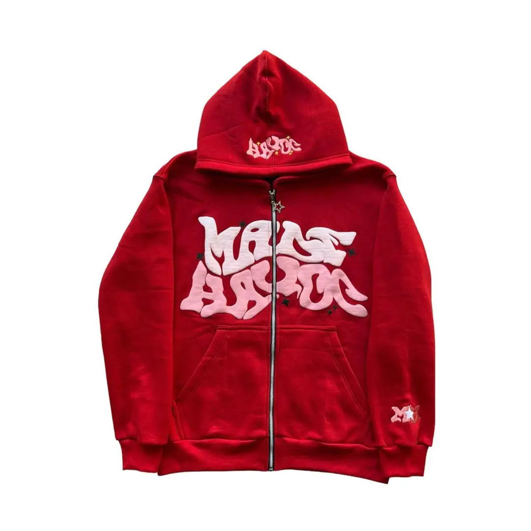 Loose Pink Printed Fashion Hip Hop Zipper Hoodie
