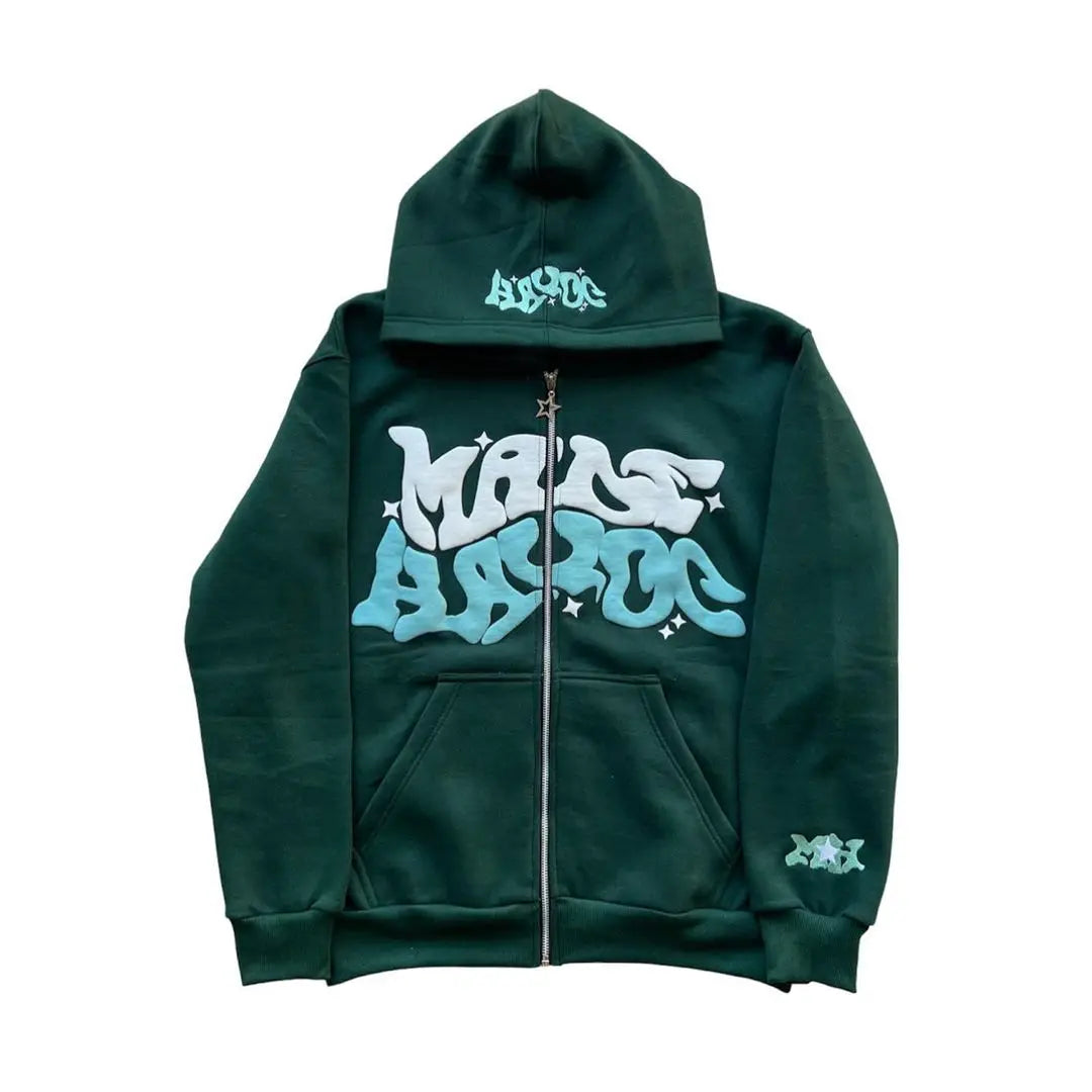 Loose Pink Printed Fashion Hip Hop Zipper Hoodie