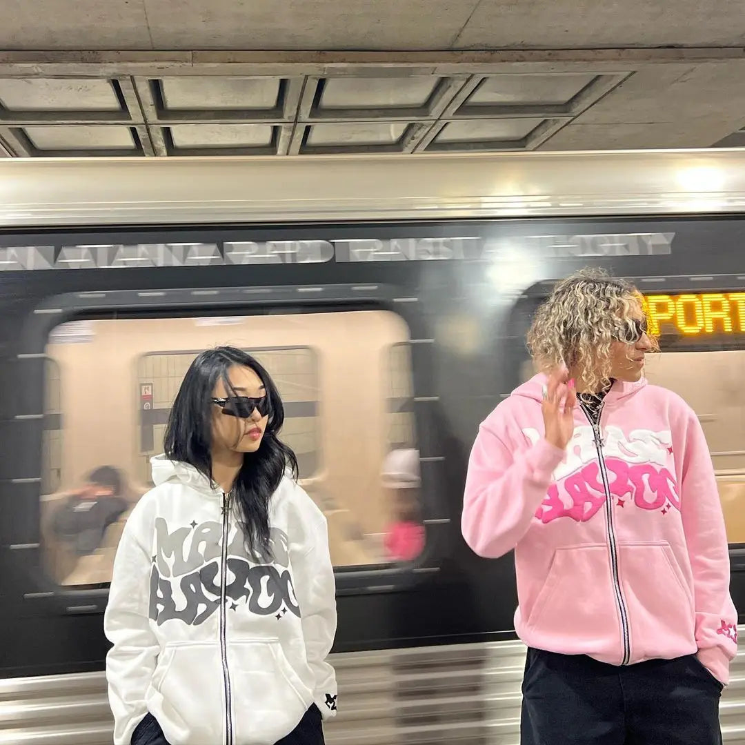 Loose Pink Printed Fashion Hip Hop Zipper Hoodie