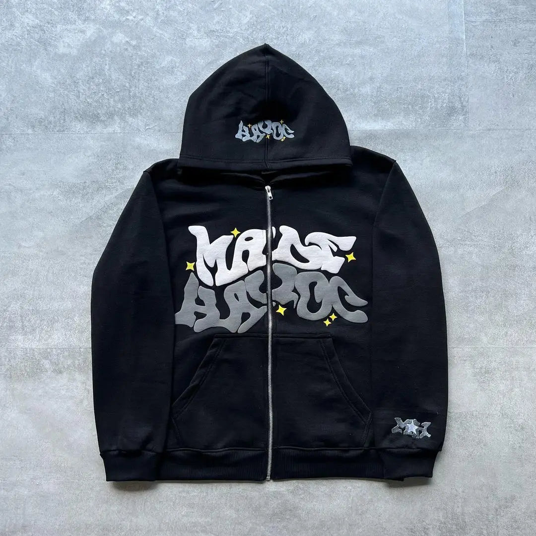 Loose Pink Printed Fashion Hip Hop Zipper Hoodie