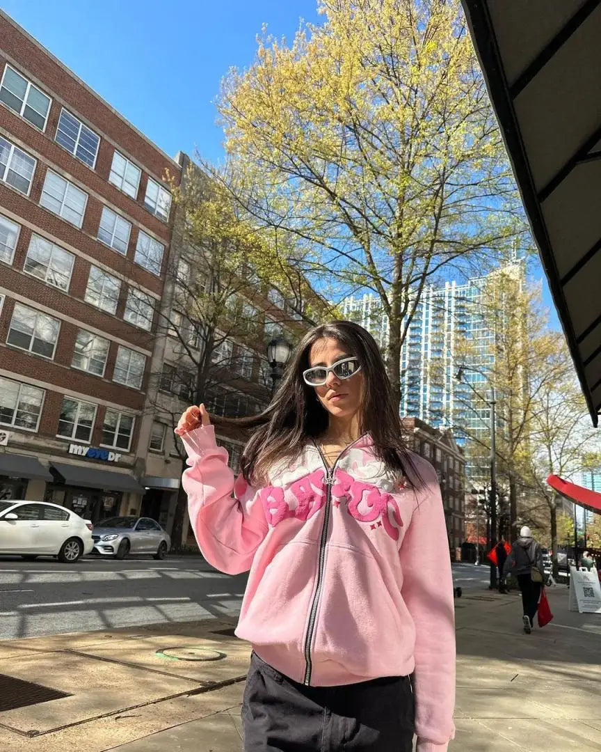 Loose Pink Printed Fashion Hip Hop Zipper Hoodie