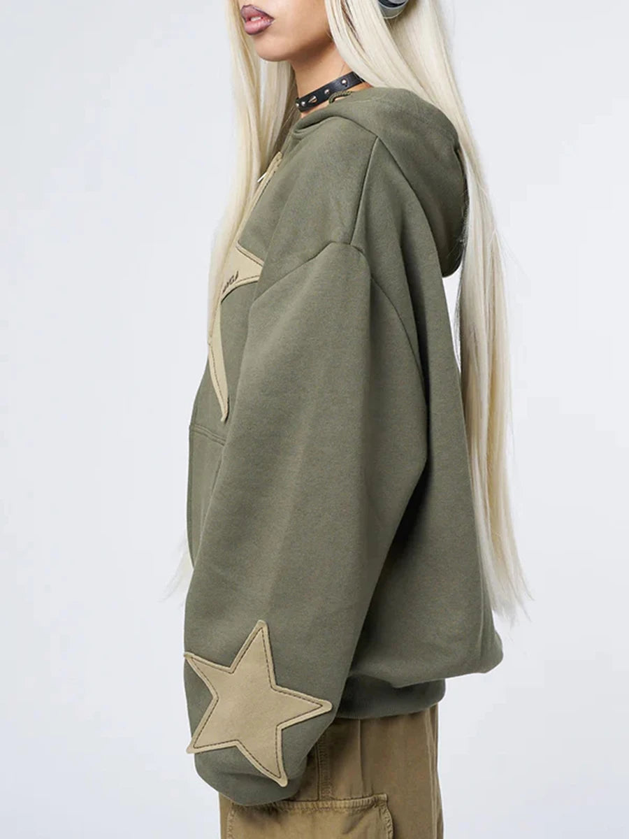 Y2K Vintage Star Print Hooded Casual Loose Long Sleeve Zip Up Hoody