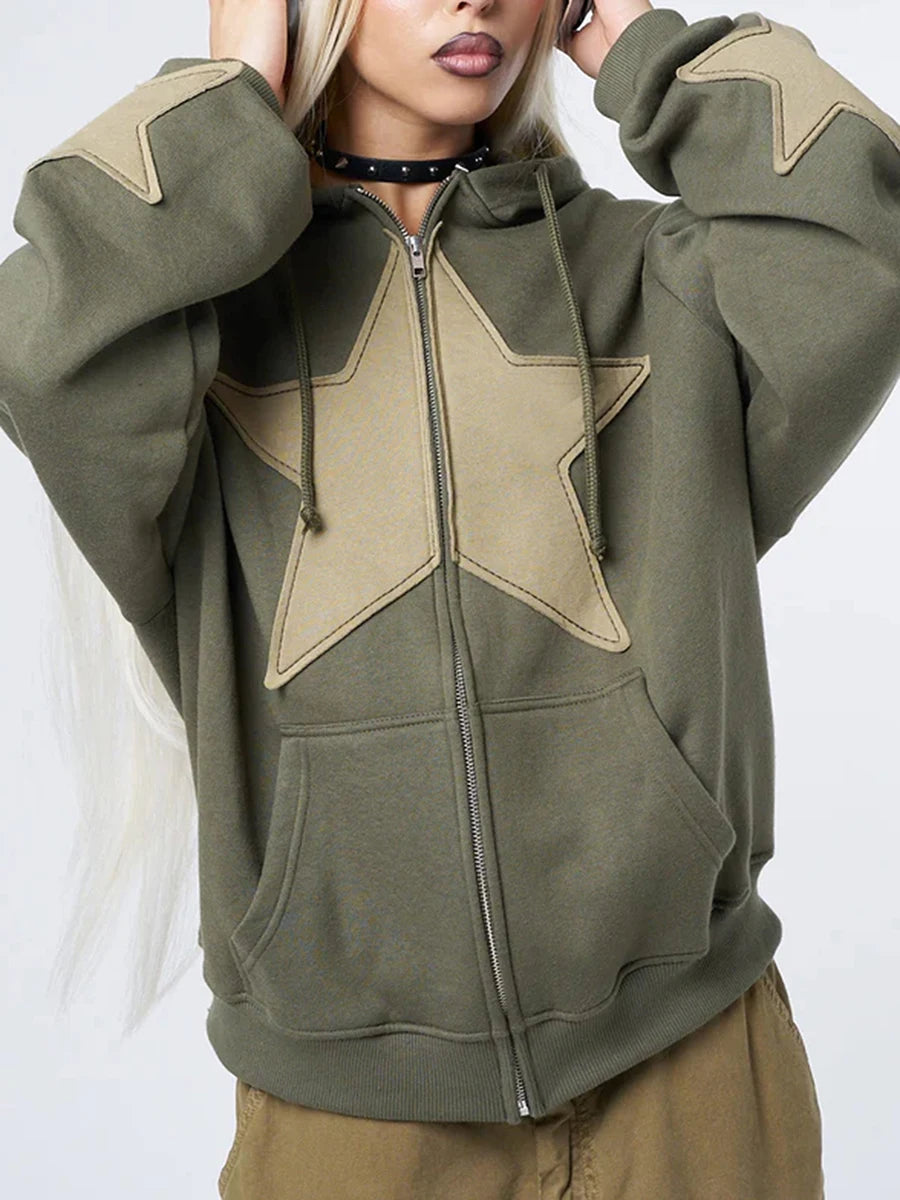 Y2K Vintage Star Print Hooded Casual Loose Long Sleeve Zip Up Hoody