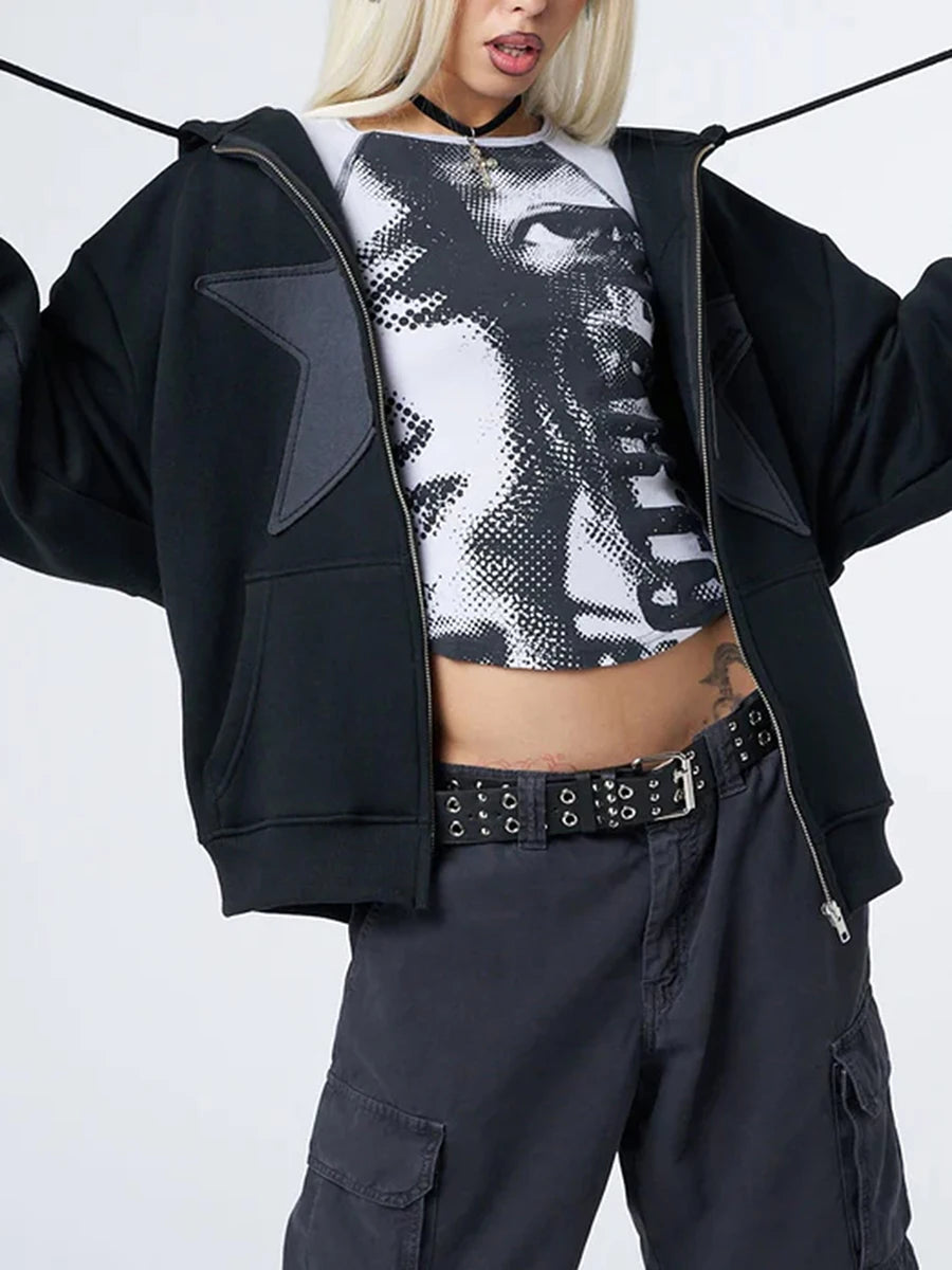 Y2K Vintage Star Print Hooded Casual Loose Long Sleeve Zip Up Hoody