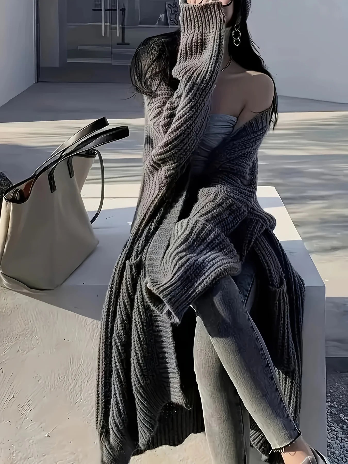 Y2K Fashionable Solid Color Long Sleeve Midi Cardigan