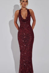 Sequin Halter Deep V Slim Bodycon Sequin Dress