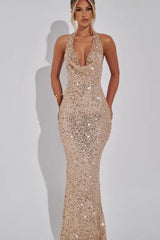 Sequin Halter Deep V Slim Bodycon Sequin Dress