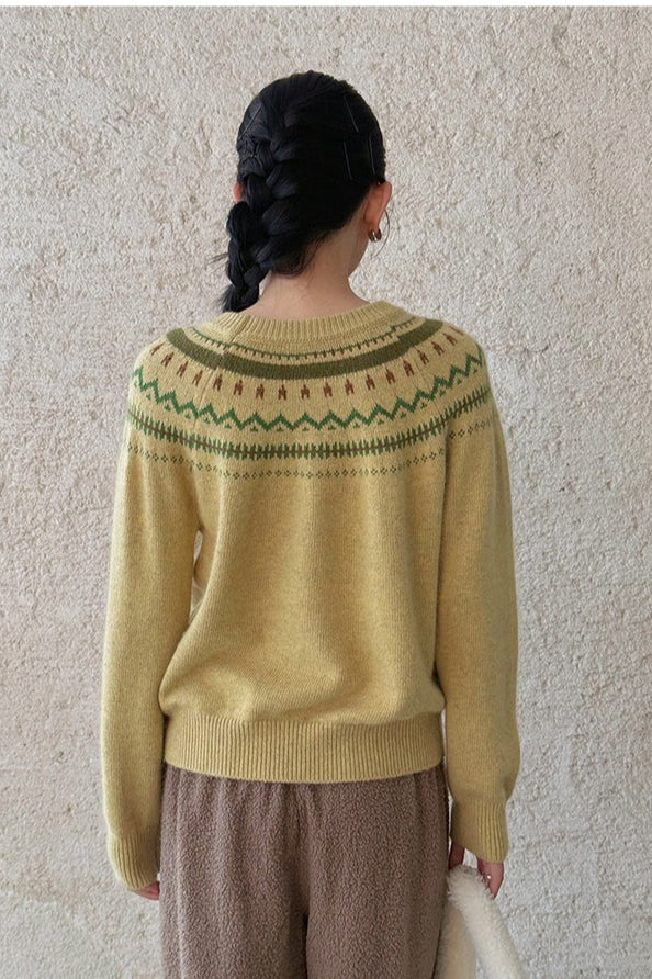 Fair Isle Pattern Loose Crew Neck Color Block Minimalist Sweater