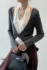 Patchwork Layered Halter Long Sleeve Tee
