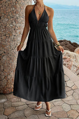 Halter Deep V Tiered Vacation Dress